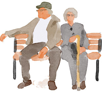 Watercolor old couple sitting in a bench