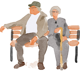 Watercolor old couple sitting in a bench