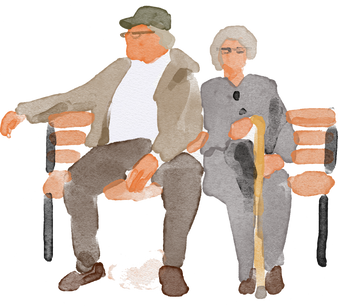 Watercolor old couple sitting in a bench